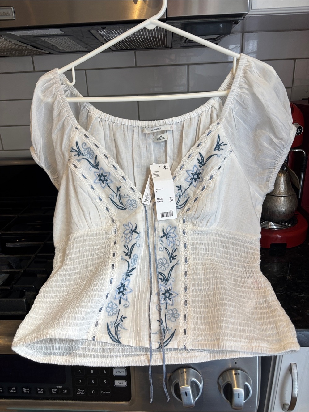 Kimchi Blue White Peasant Blouse with Blue Floral Embroidery